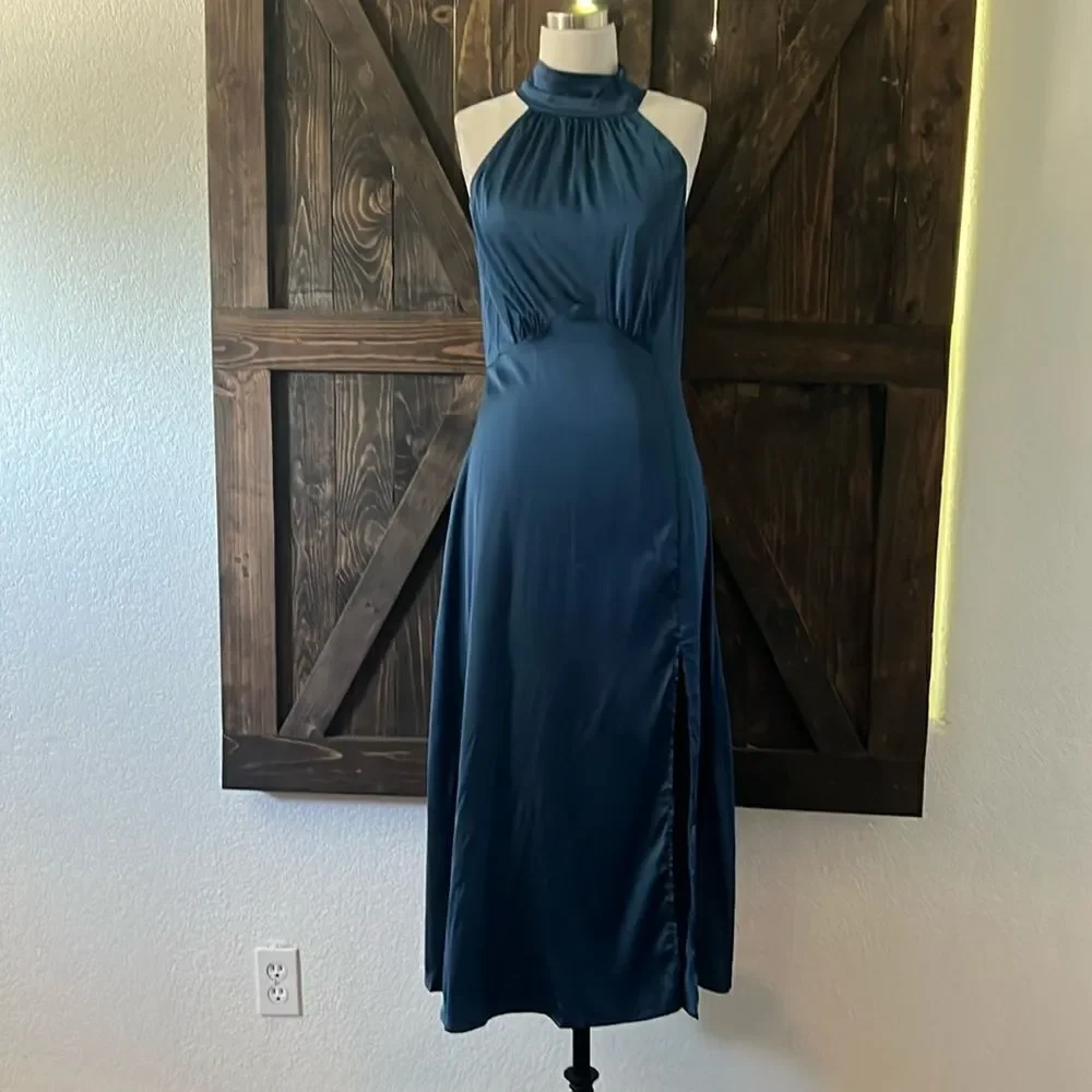 Satin Fall Solid Color Sexy High Waist Slit Neck Evening Dress Homecoming Dress - Picture 5 of 15